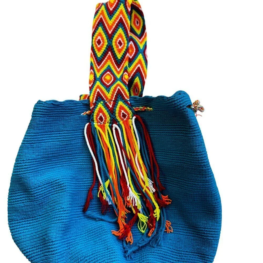 Wayuu Mochila Bucket Hobo Bag Columbian Riohacha Drawstring Multi Strap Blue